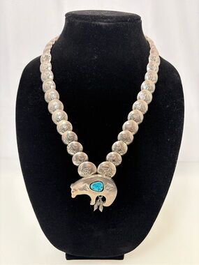 Sterling Silver Pillow Bead Turquoise Bear Necklace Stamped 65 Grams